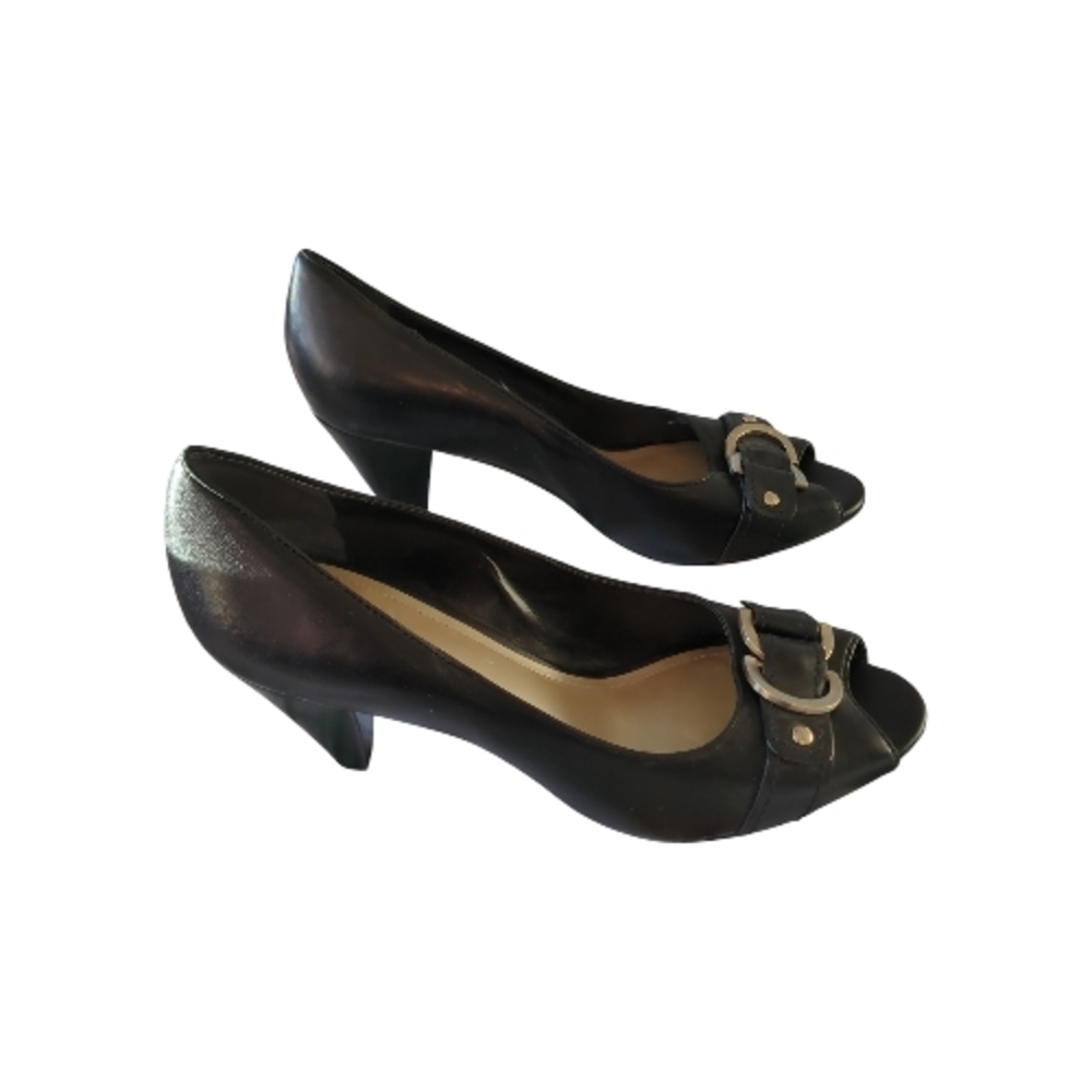 Alex Marie Sz 9 Black Peep-Toe 3 Inch Heels with Gold Buckle Accent Quiet Luxury